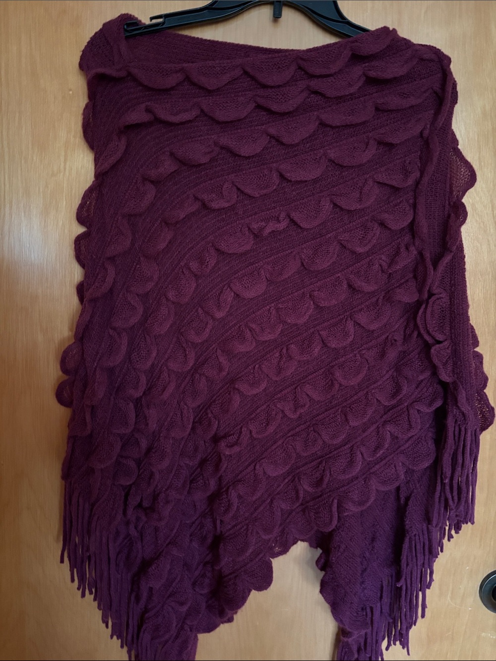 Textured Knit Fringe Poncho in Deep Plum